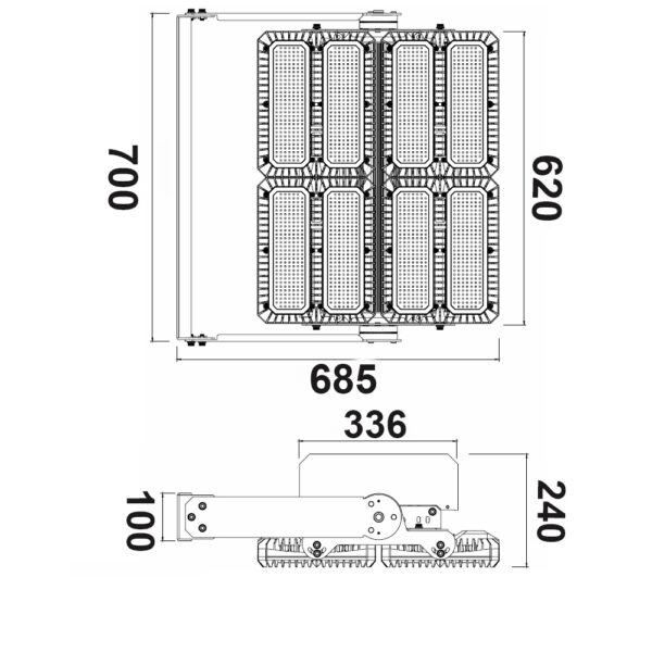 LED Flutlichtanlage 900W, 130x25°, 4 Module (Lichtpunkte), 1-10V dimmbar, 4000K, IP66 (ext. Trafo)