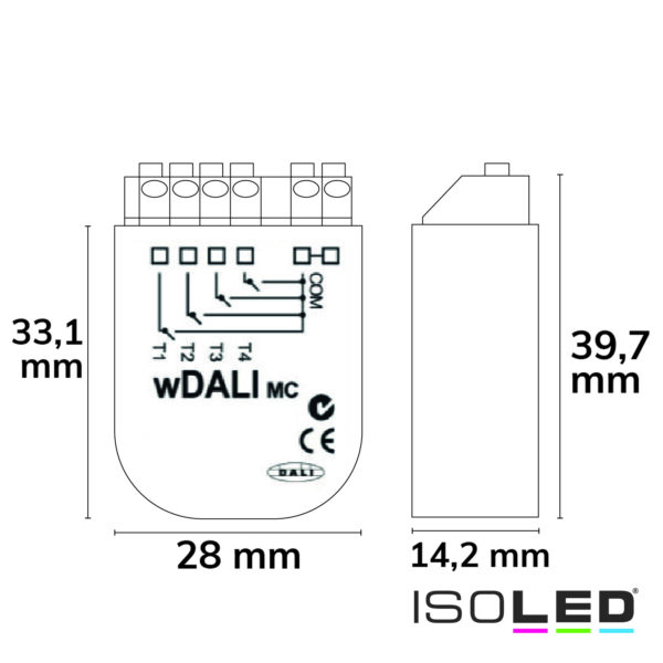 DALI Funktransmitter zur Initiierung von 4 Wirkbereichen am DALI Bus via 4 Push-Taster, Batt.Betrieb
