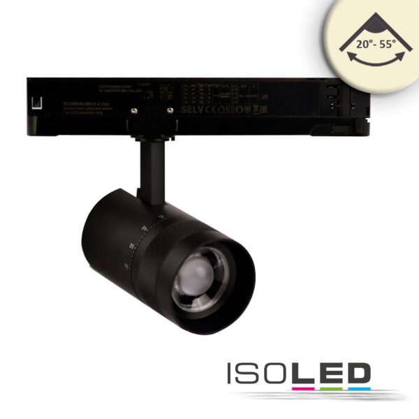 3-Phasen Schienen-Strahler fokussierbar, 8W, 20°-55°, schwarz matt, 2700K, dimmbar