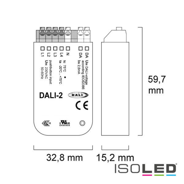 DALI Master-Steuerung Universal für 4 Adressen / 4 Gruppen via 4 Push-Taster, DALI-Bus Spannung