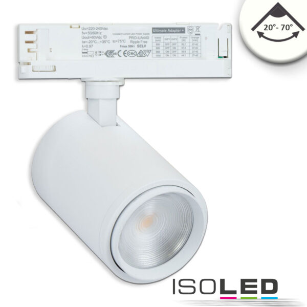 3-Phasen Schienen-Strahler fokussierbar, 42W, 20°-70°, weiß matt, 4000K, CRI92, DALI dimmbar