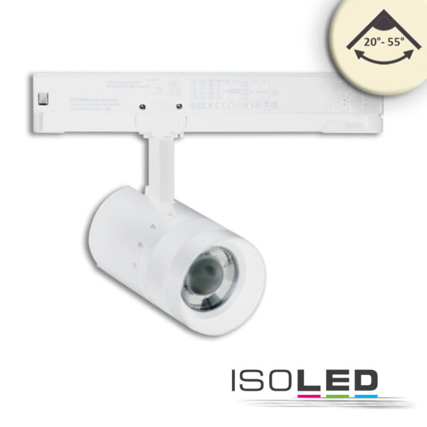 3-Phasen Schienen-Strahler fokussierbar, 12W, 20°-55°, weiß matt, 3000K, DALI dimmbar
