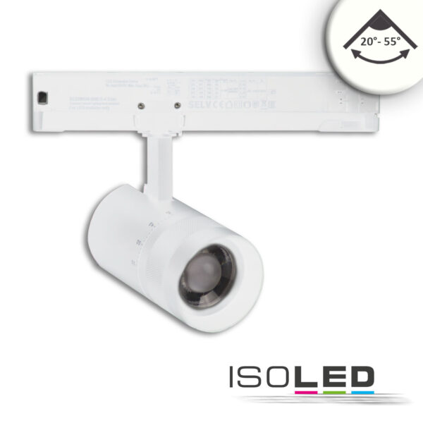 3-Phasen Schienen-Strahler fokussierbar, 12W, 20°-55°, weiß matt, 4000K, DALI dimmbar