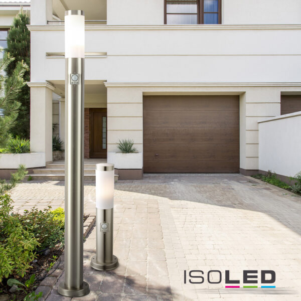 Pollerleuchte 450 Edelstahl, IP44, PIR Bewegungssensor, warmweiß, inkl. E27 LED Leuchtmittel 9W