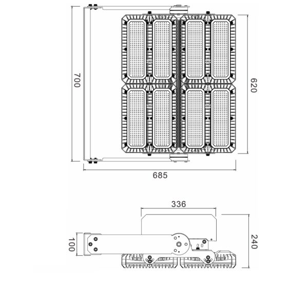 LED Flutlichtanlage 900W, 130x40°, 4 Module (Lichtpunkte), 1-10V dimmbar, 4000K, IP66 (ext. Trafo)