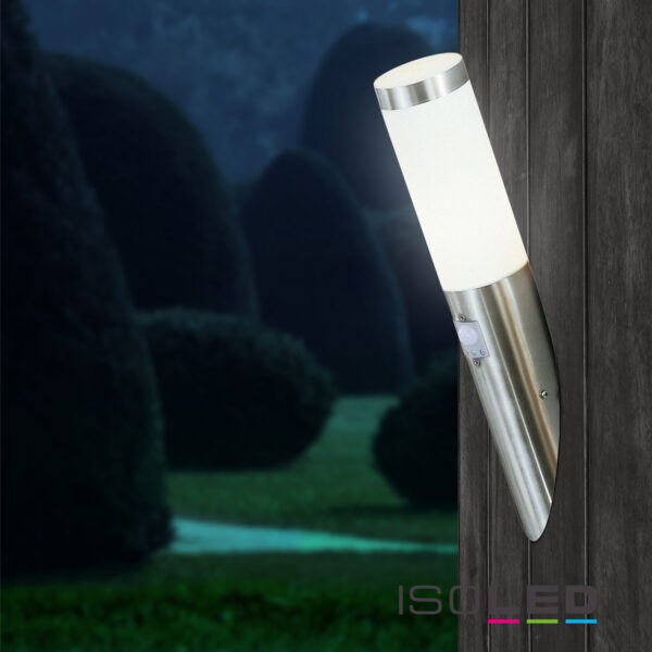 Wandleuchte Edelstahl, IP44, PIR Bewegungssensor, warmweiß, inkl. E27 LED Leuchtmittel 9W