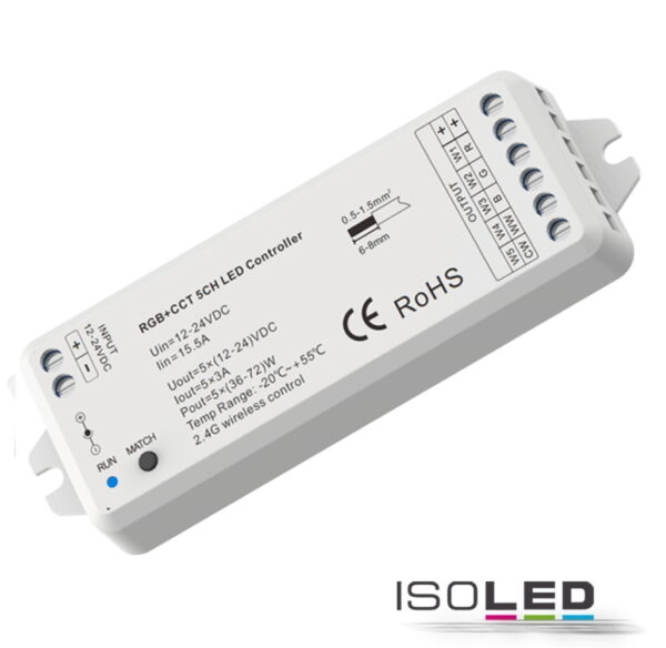 Sys-Pro RGB+CCT Funk Mesh PWM-Dimmer, 1-5 Kanal, 12-24V DC 5x3A