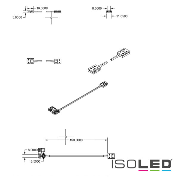 Clip-Verbinder mit Kabel (max. 5A) C1-28 für 2-pol. IP20 Flexstripes mit Breite 8mm, Pitch >12mm
