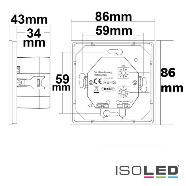 DALI DT8 CCT 1 Gruppe Einbau-Touch Master-Controller, weiß, 230V AC oder DALI-Bus Spannung