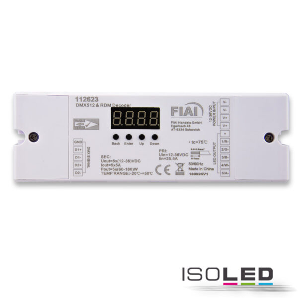 DMX512 RDM 8/16 Bit Decoder, 1-5 Kanal, 12-36V 5x5A, 48V 5x1.5A