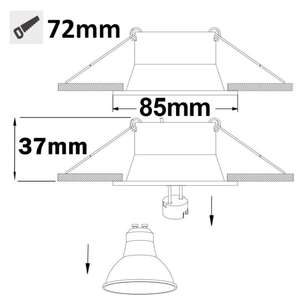 Einbaurahmen eckig mit Glaslinse, Loch 72mm, schwarz, für GU10/MR16 Spots