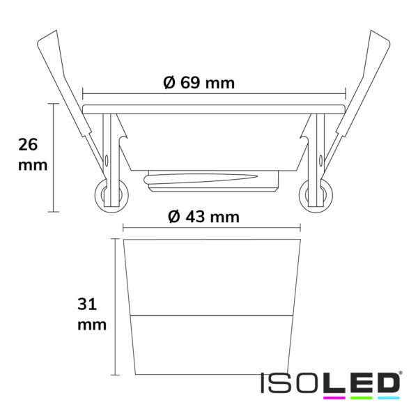 LED Einbaustrahler BACK60-68, alu glänzend, rund, 5W, CRI90, 2700K, rückversetzt, UGR<12, dimmbar